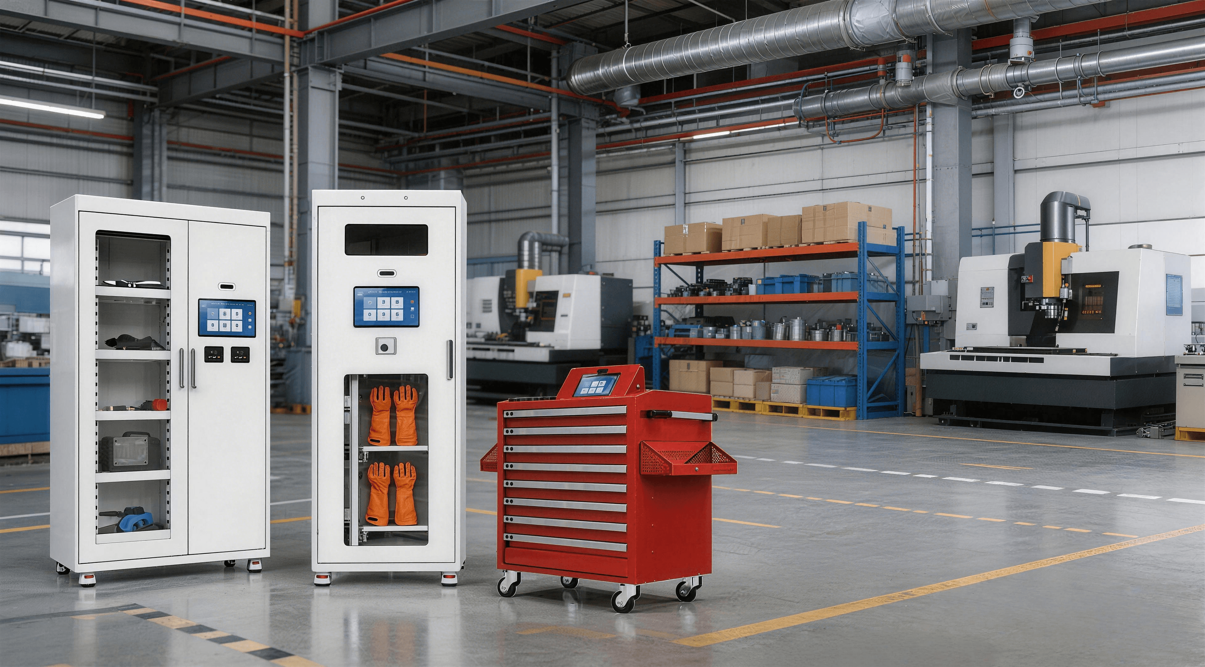 米进科技 RFID 智能柜与移动工具车在工厂场景中的产品展示