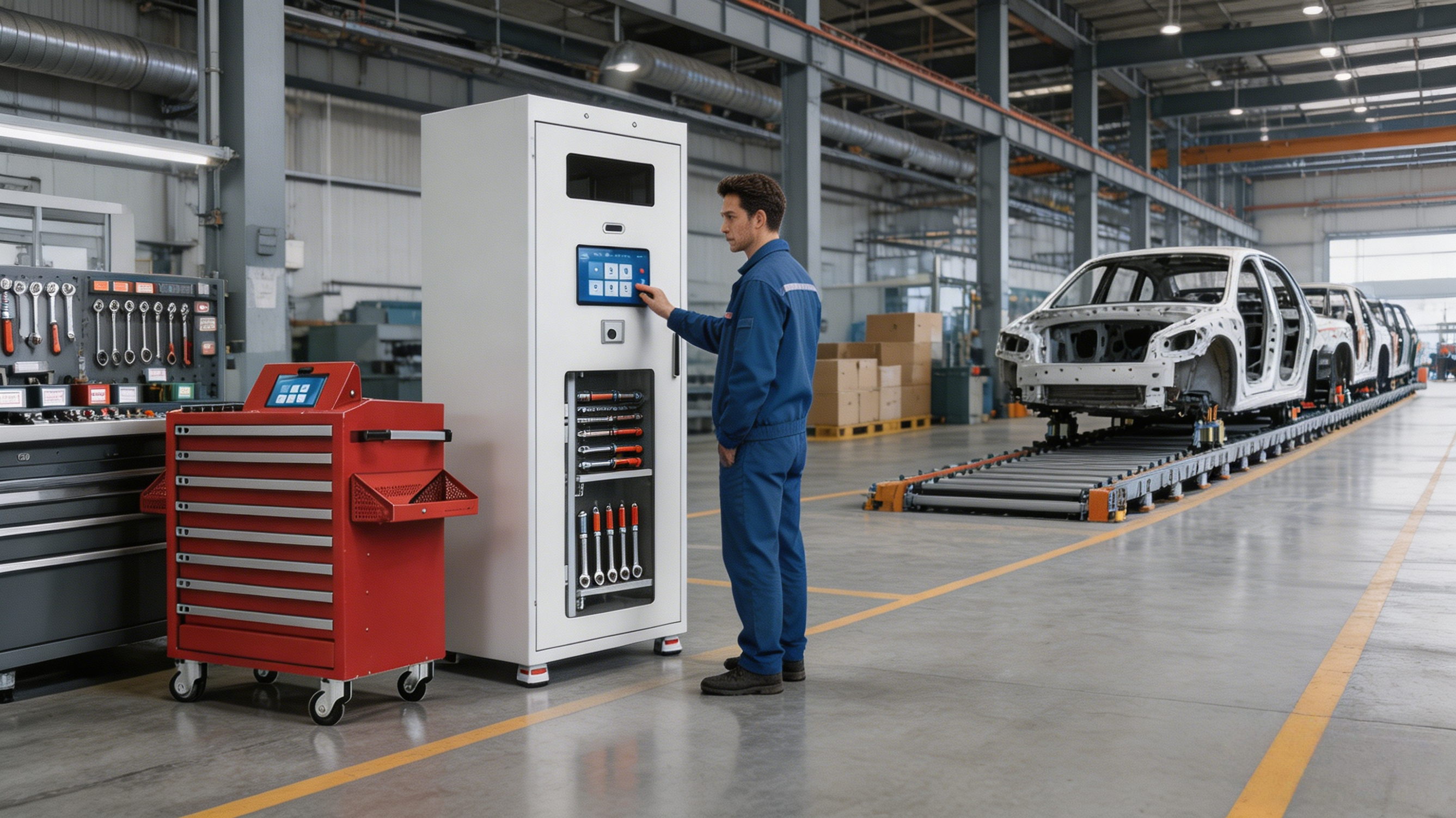 汽车制造总装线旁工具管控场景，展示智能工具柜、移动工具车与汽车产线环境