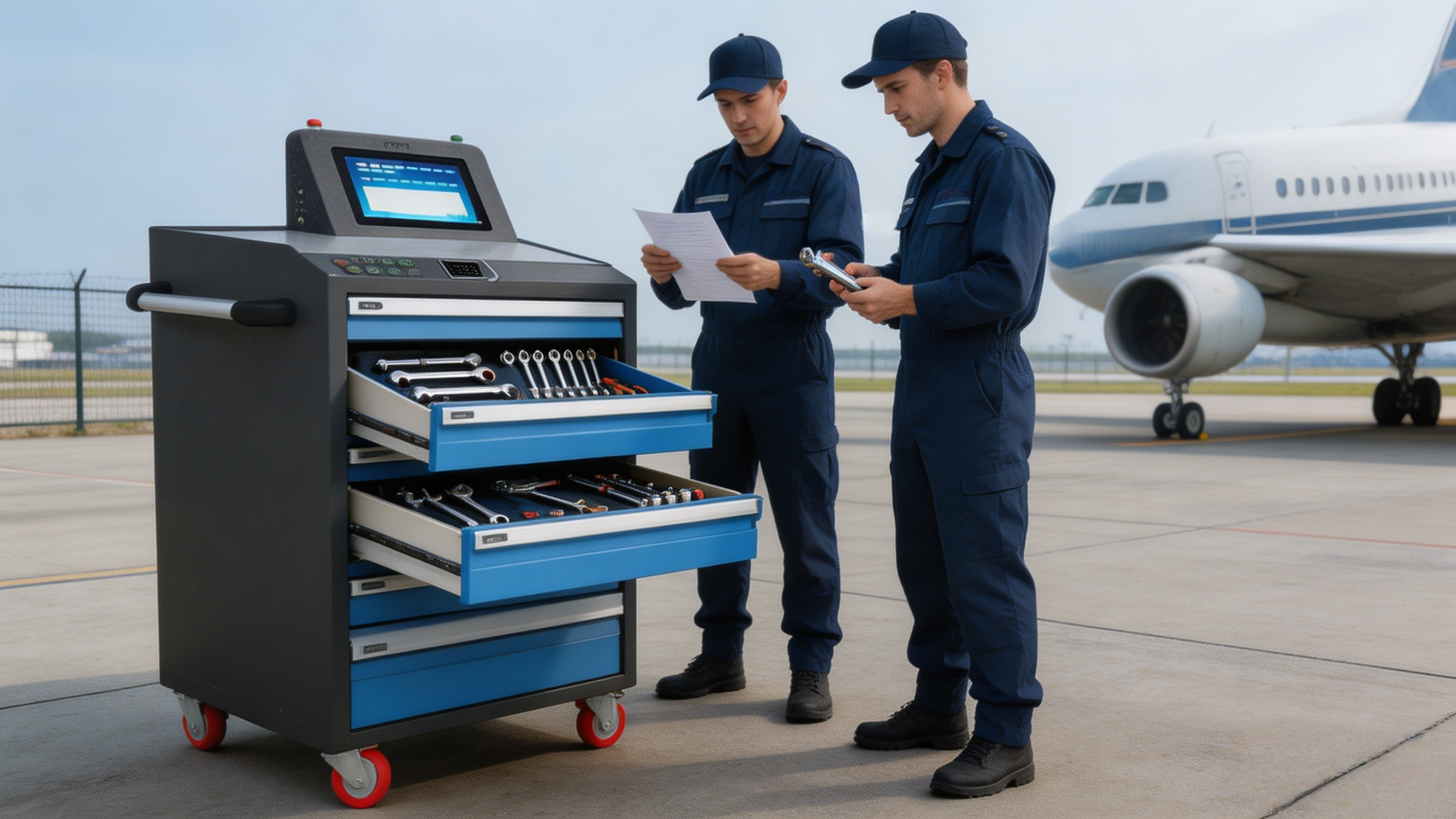 航空航线维修外场工具闭环案例封面图，展示移动工具车、维修人员与机场机坪场景