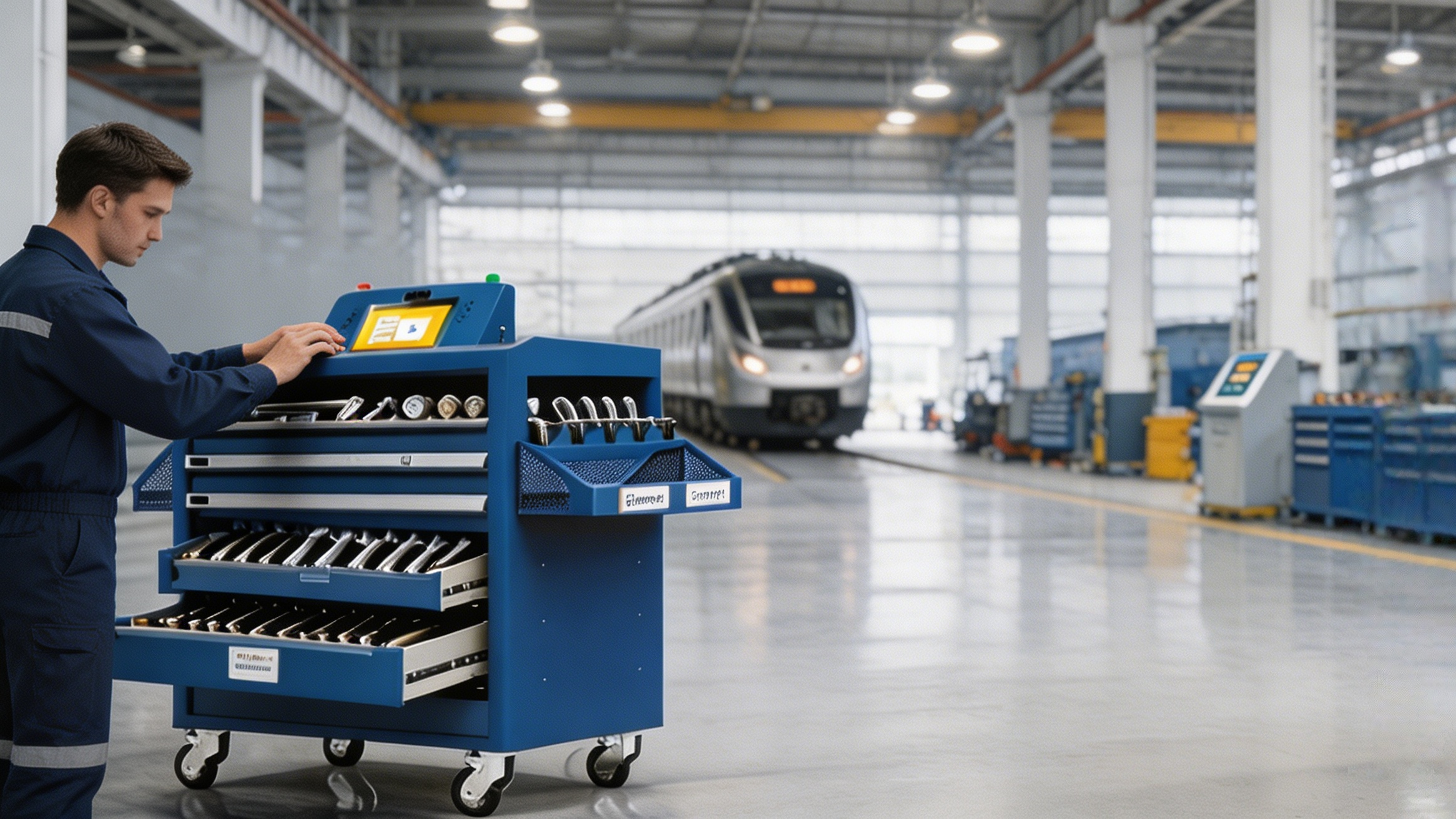 轨道交通车辆段检修工具数字化案例封面图，展示移动工具车与检修车间场景