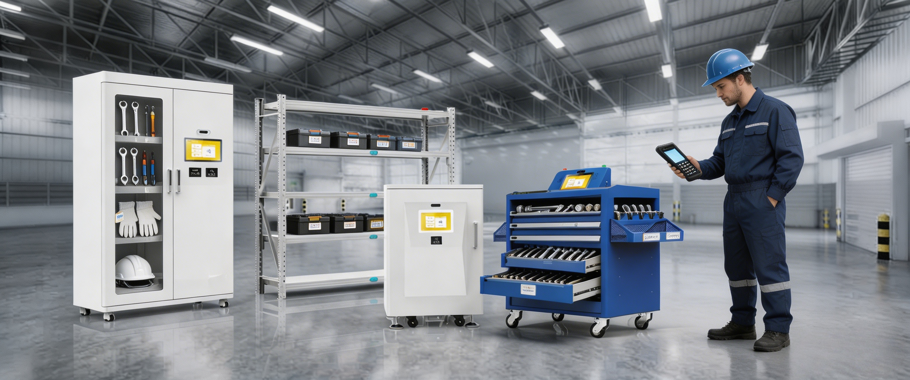 RFID 工器具智能管理场景：工具柜、智能货架、移动工具车与现场操作人员