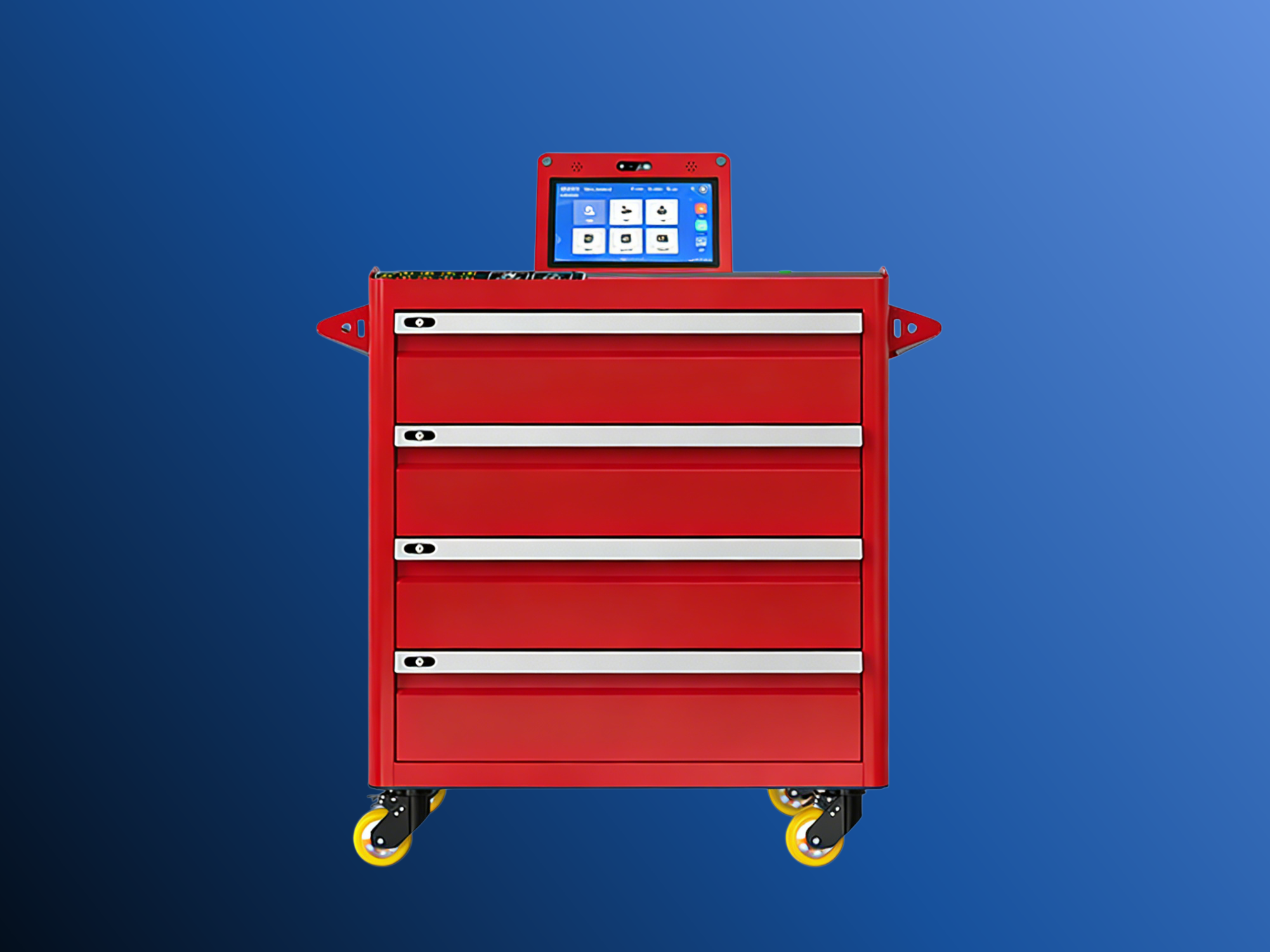 MIJIN RFID 智能工具柜:红色多层抽屉移动工具终端,顶部触控屏,蓝底展示