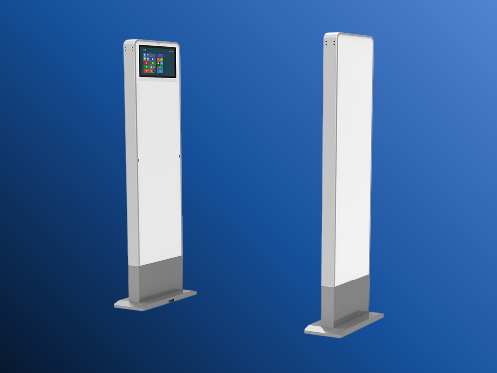 MIJIN-G2 AI+RFID 智能门禁:双立柱通道,一体触控屏,蓝底产品展示