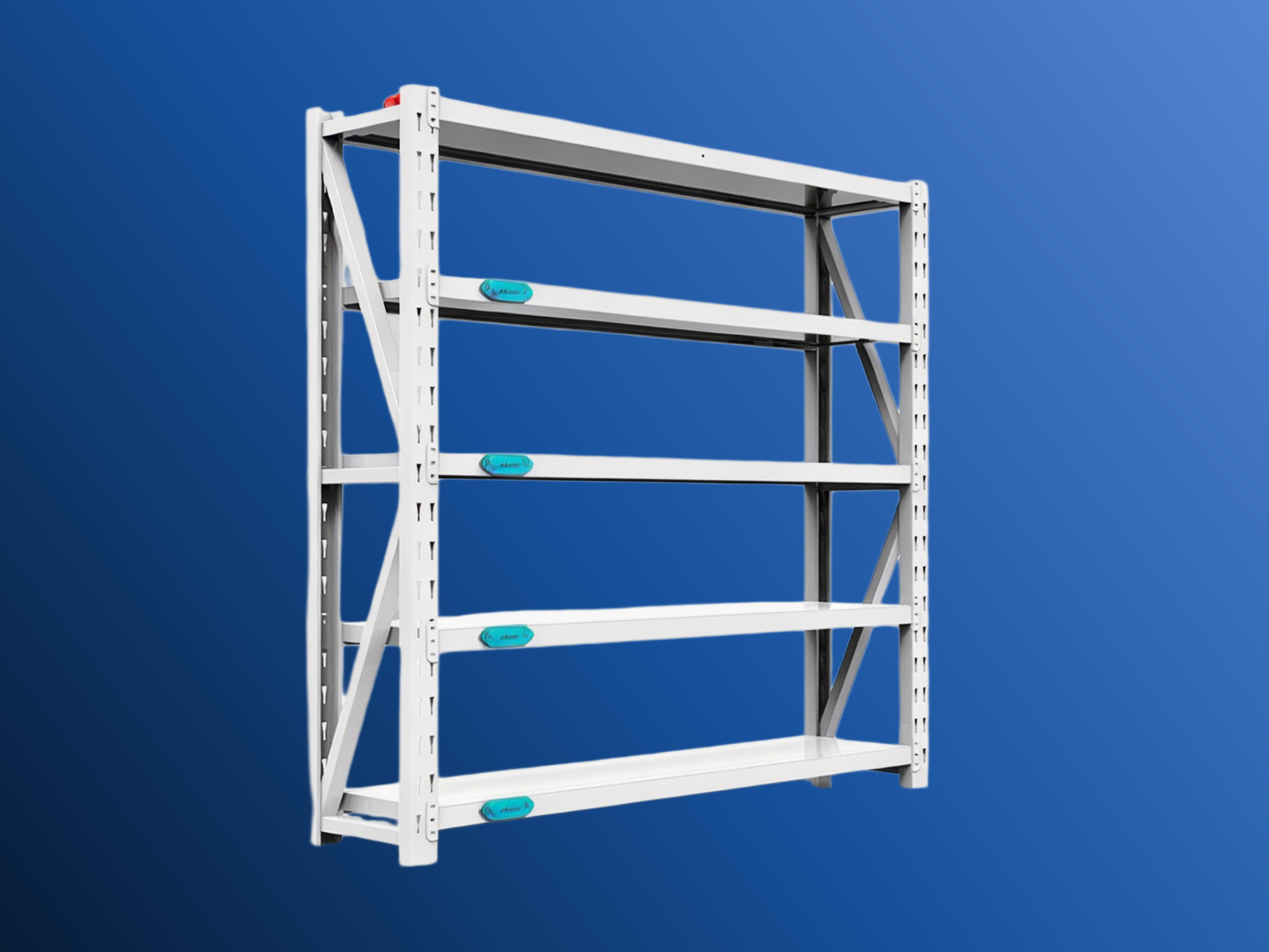 MIJIN RFID 智能货架:白色四层工业货架,层前 RFID 识读位,蓝底展示