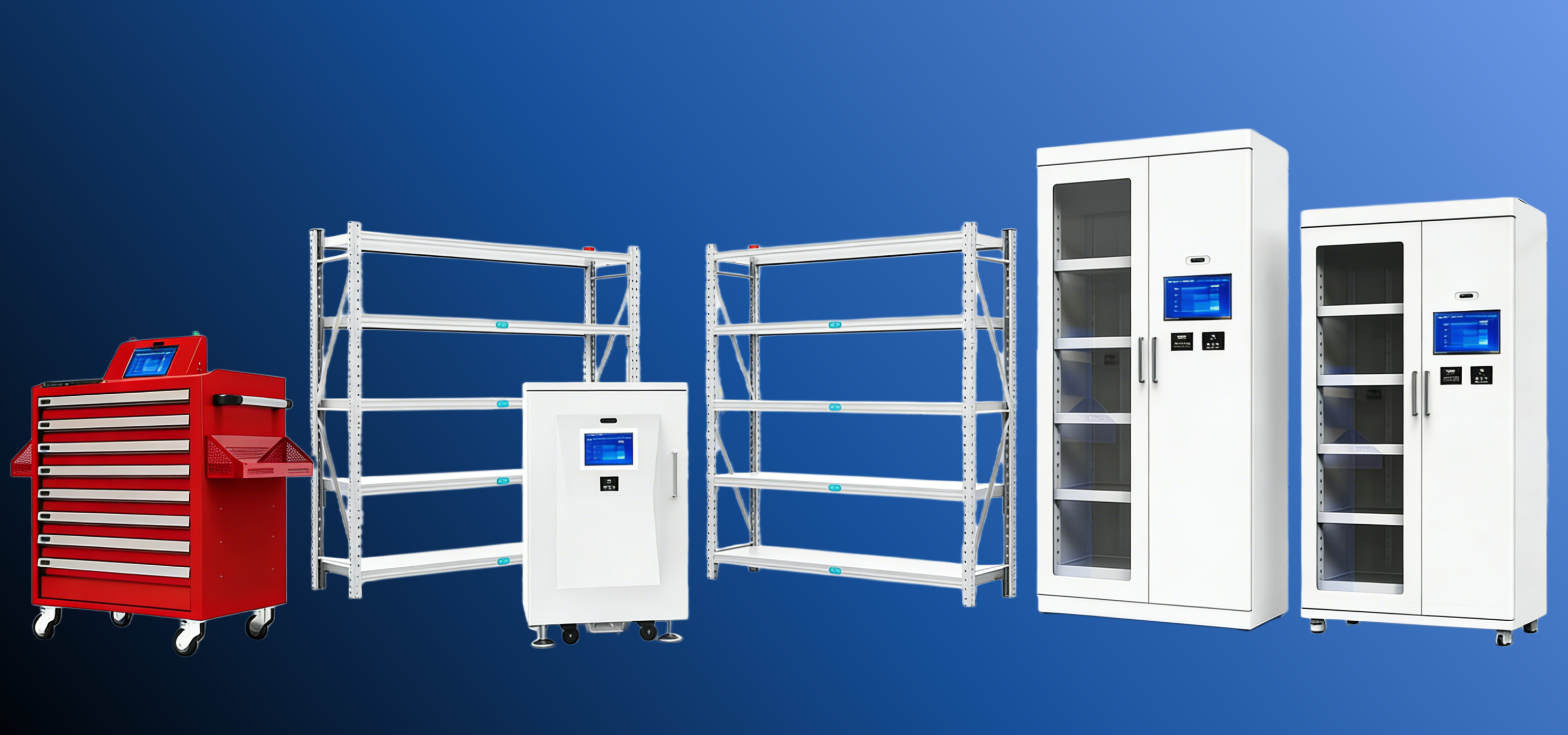 米进 RFID 产品中心通栏图：智能柜、货架、移动工具车等多品类设备